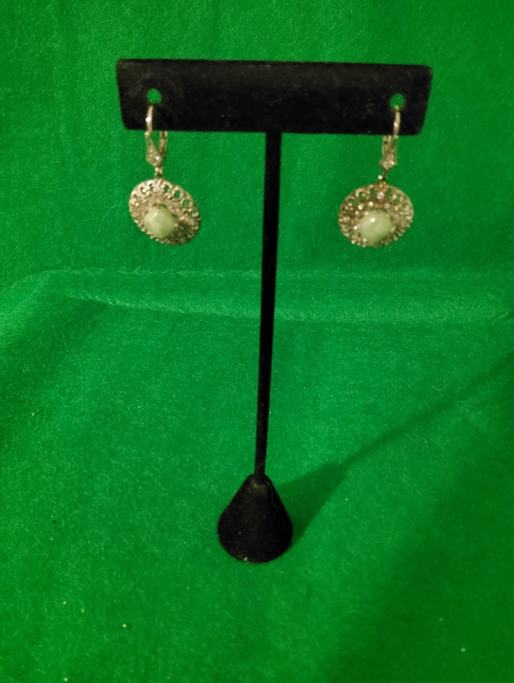 Jade Of Yesteryear, Sterling Silver, Rhodium Plated With Green Jade Earrings
